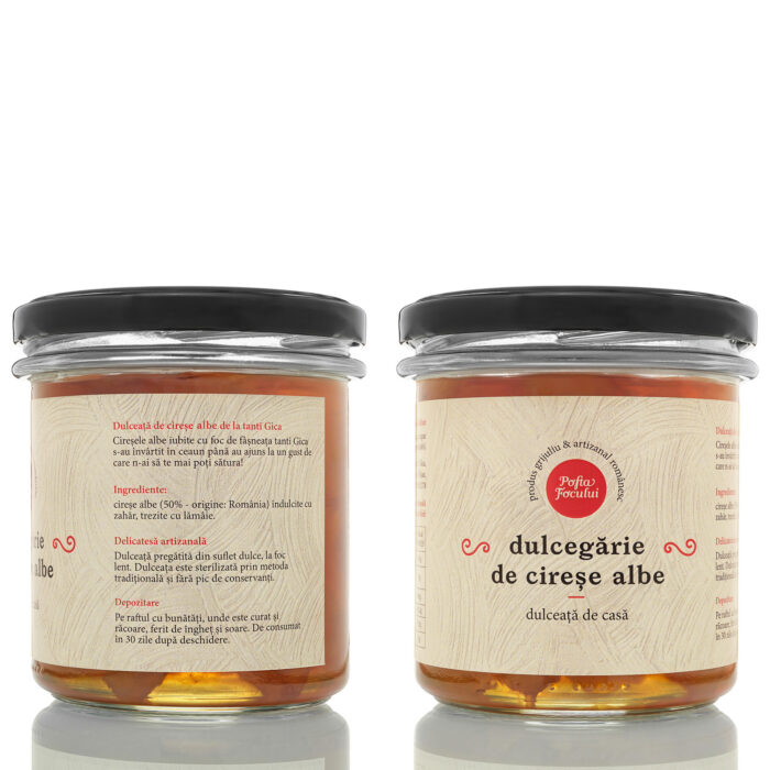 Eticheta borcanului de dulceață de cireșe albe, față și verso